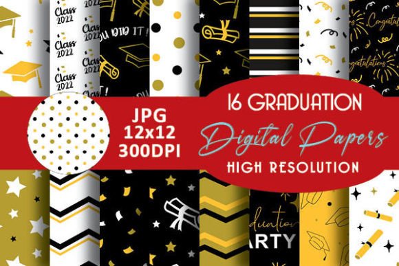 16 Versatile Graduation Digital Papers with Gold Black Graduation Patterns