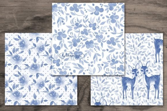 Blue Patterns. Watercolor Set